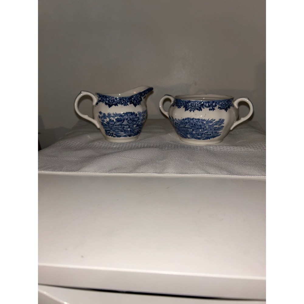 Salem China English Village Blue Transferware Creamer and Sugar Bowl Cottagecore